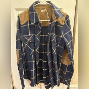 Faherty Blue and Tan Plaid Shirt with Elbow Patches- Medium